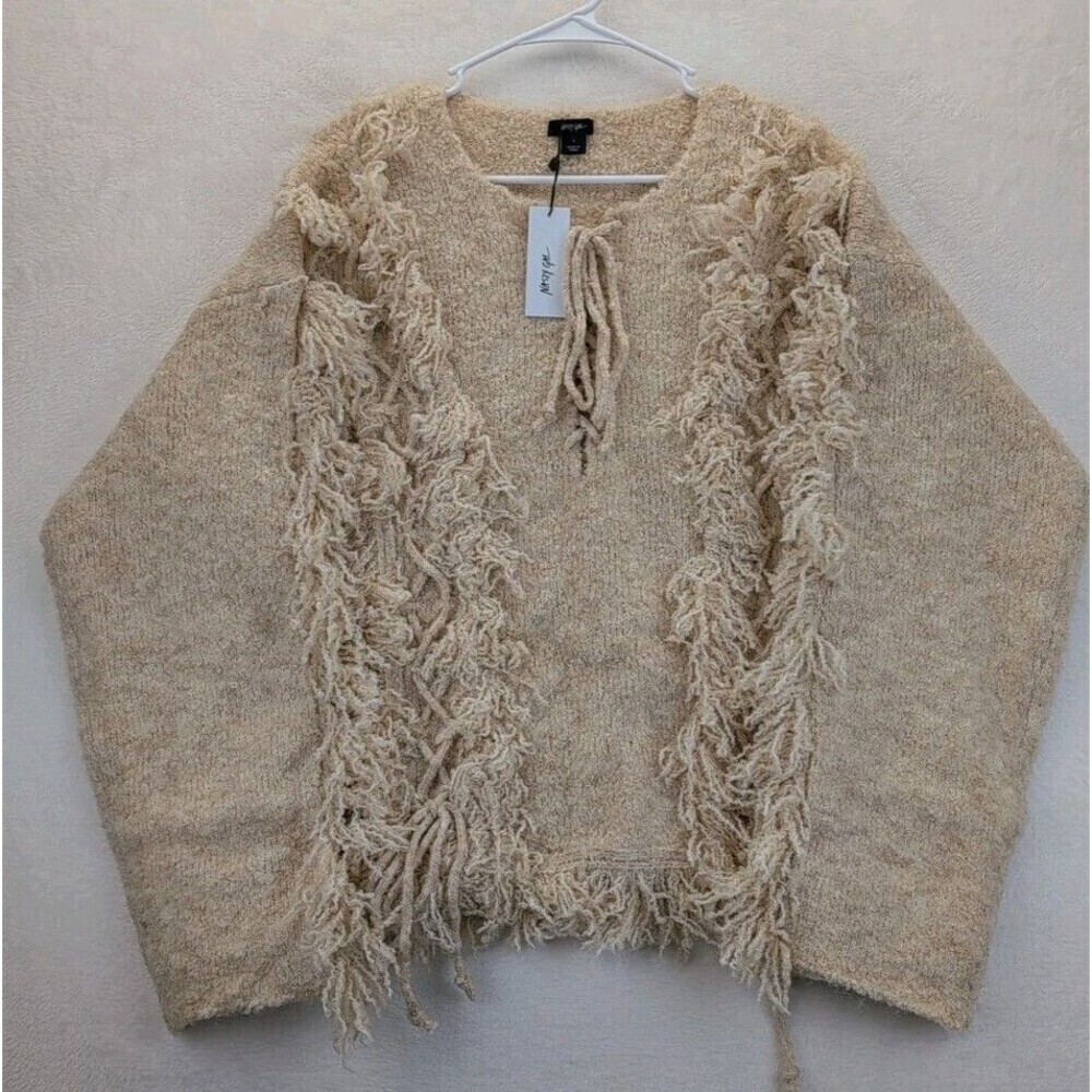 NASTY GAL Knitted Fringe Long Sleeve Pullover Lace Up Front Sweater NWT Large